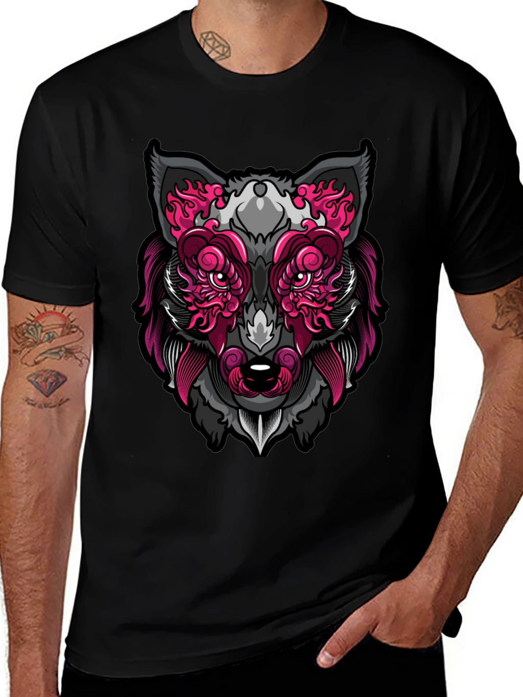 Wolf Face Graphic Print T-Shirt - Black