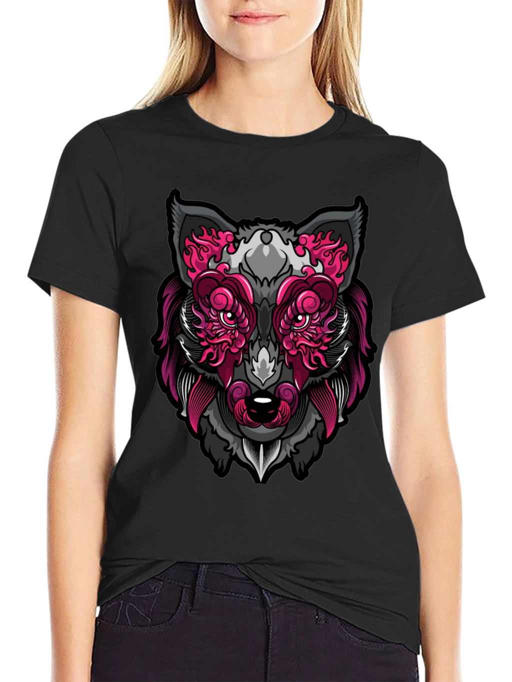 Wolf Face Graphic Print T-Shirt - Black