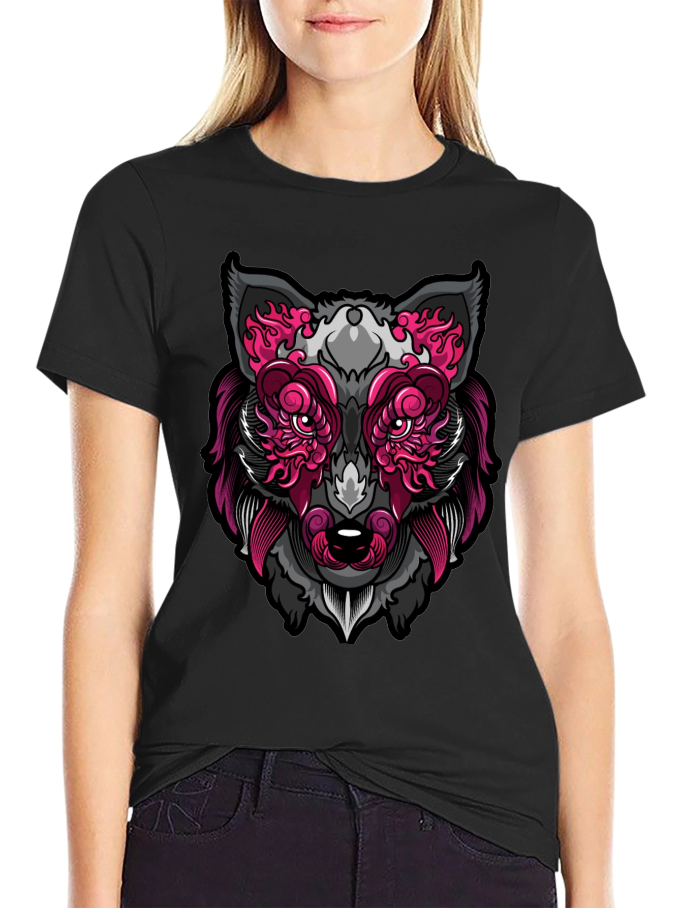 Wolf Face Graphic Print T-Shirt - Black