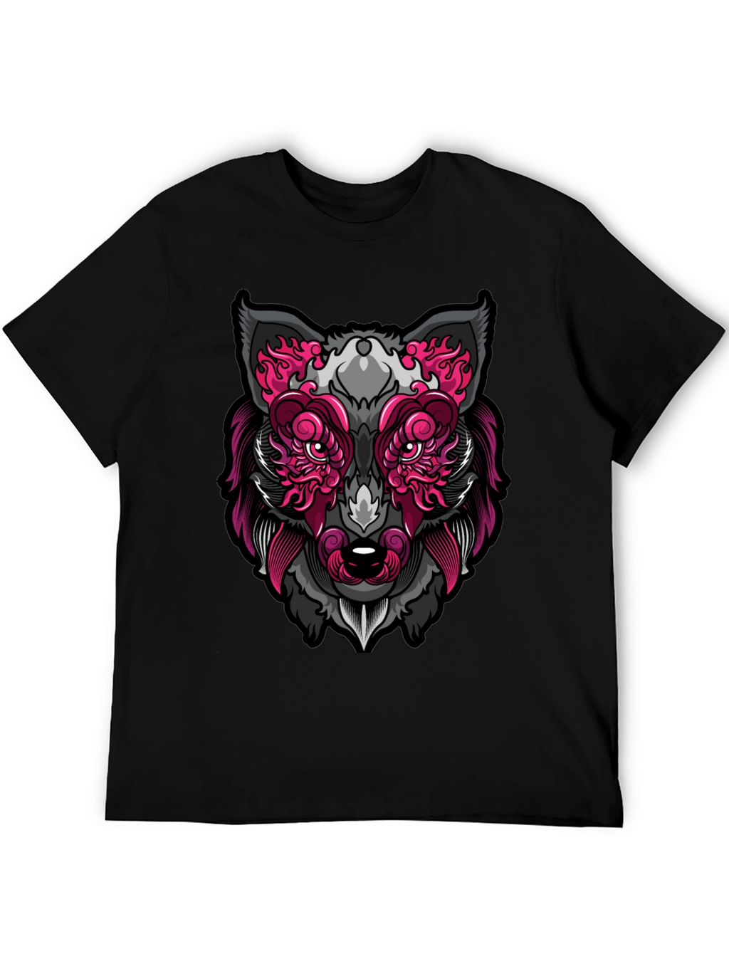 Wolf Face Graphic Print T-Shirt - Black