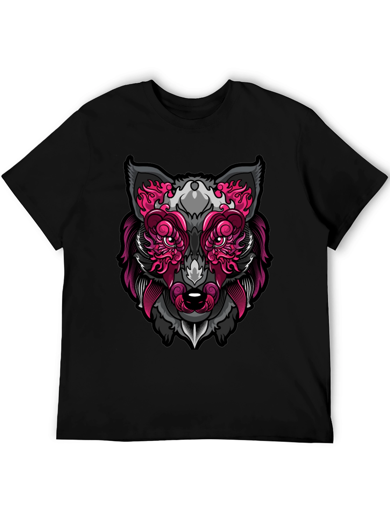 Wolf Face Graphic Print T-Shirt - Black