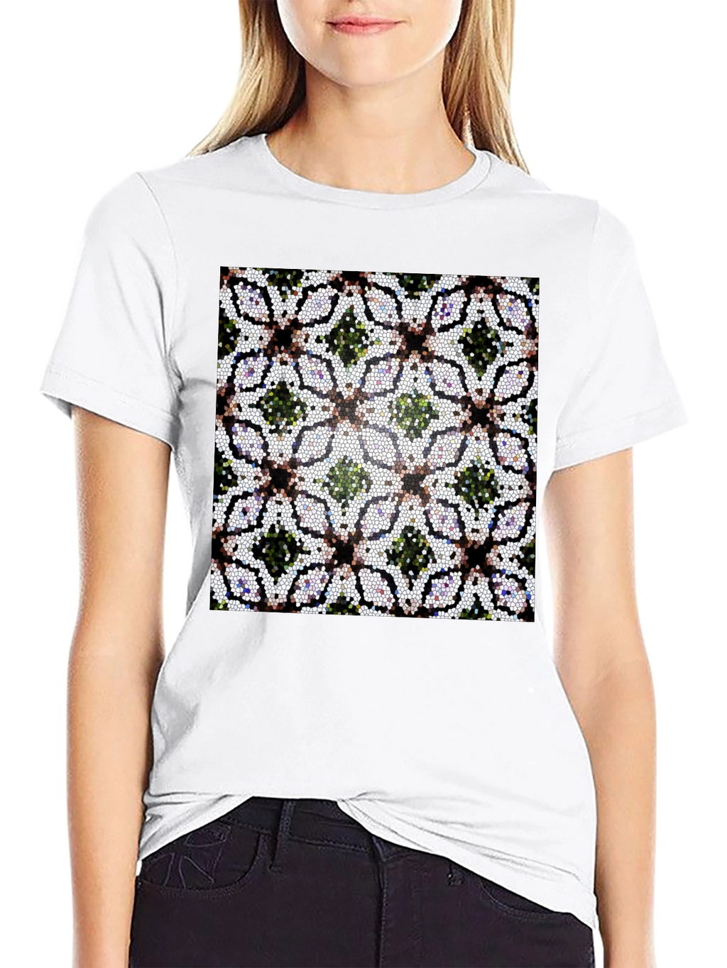 Mosaic Floral Pattern Black T-Shirt