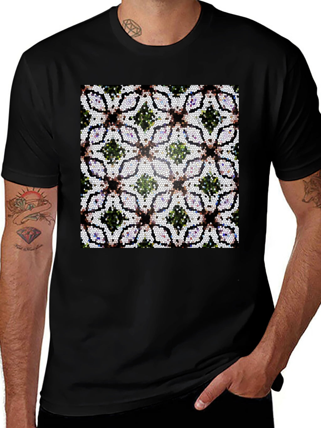 Mosaic Floral Pattern Black T-Shirt