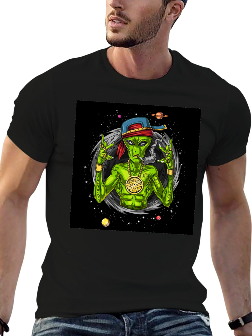 Gangster Alien Graphic T-Shirt - Black
