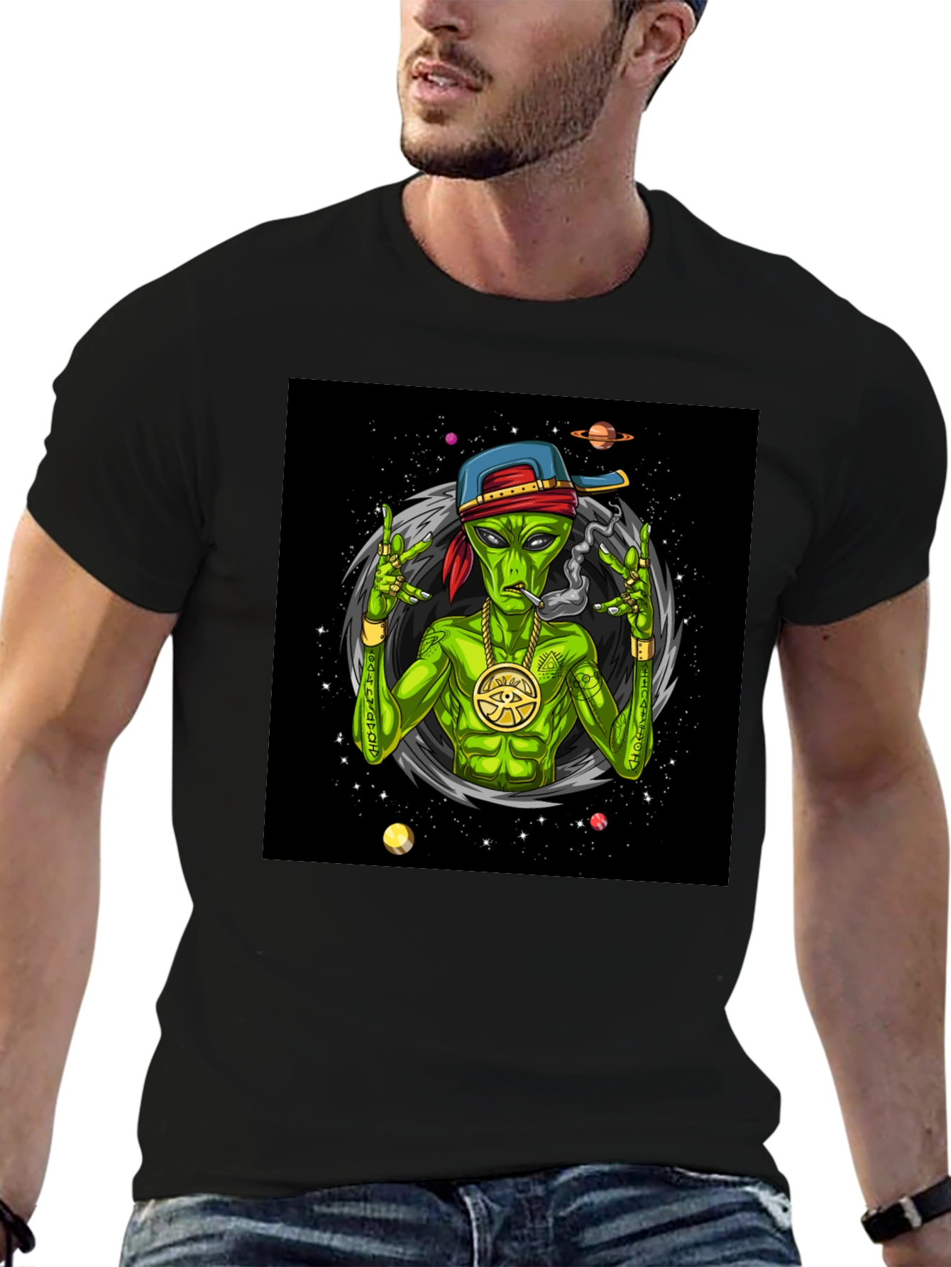 Gangster Alien Graphic T-Shirt - Black