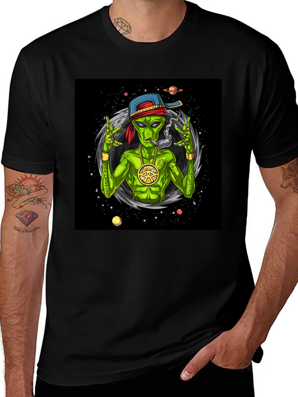 Gangster Alien Graphic T-Shirt - Black