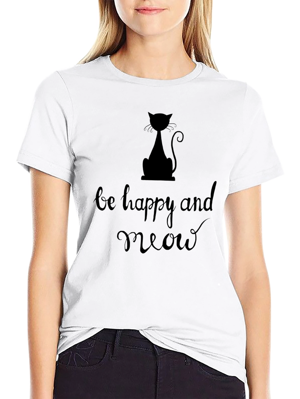 Be Happy and Meow Black Graphic T-Shirt