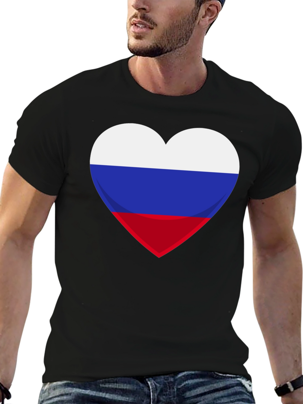 Russian Flag Heart Graphic Tee - Black Cotton T-Shirt