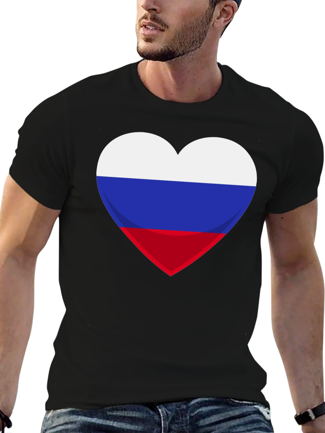 Russian Flag Heart Graphic Tee - Black Cotton T-Shirt