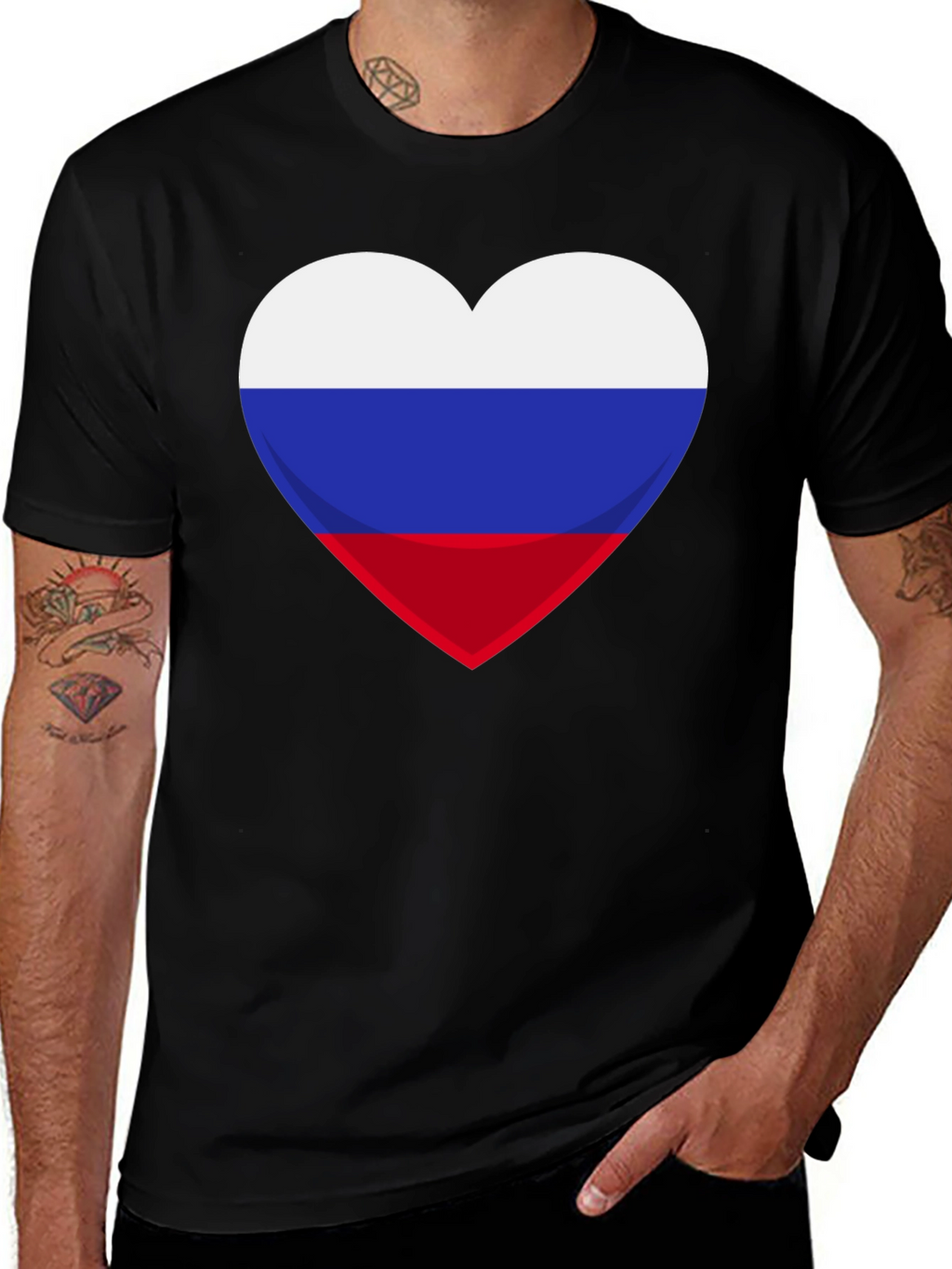 Russian Flag Heart Graphic Tee - Black Cotton T-Shirt