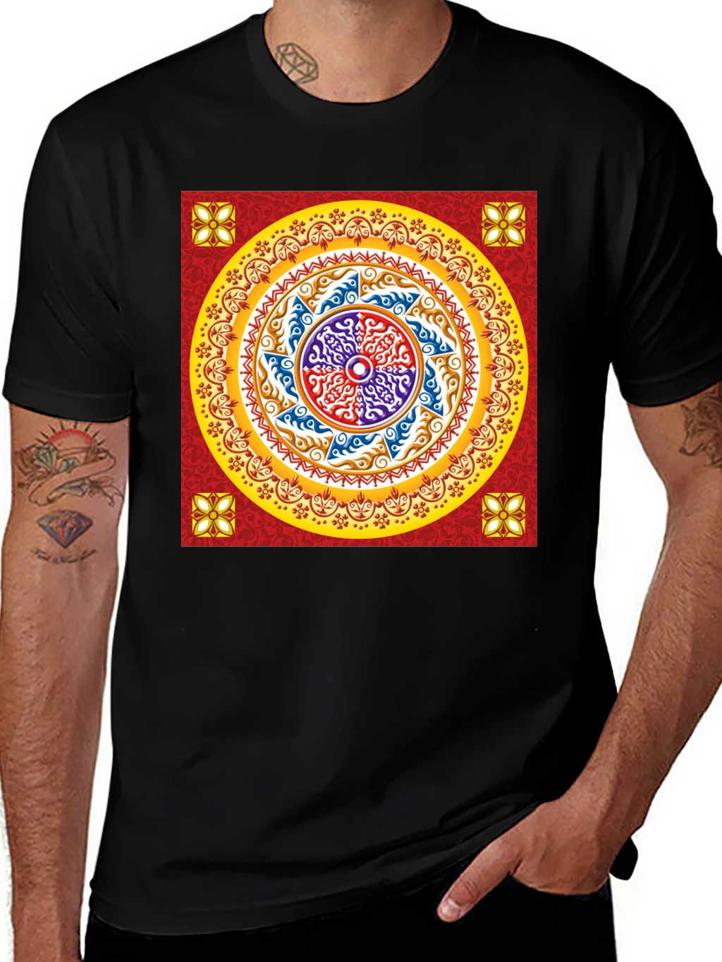 Red Mandala Graphic Black T-Shirt