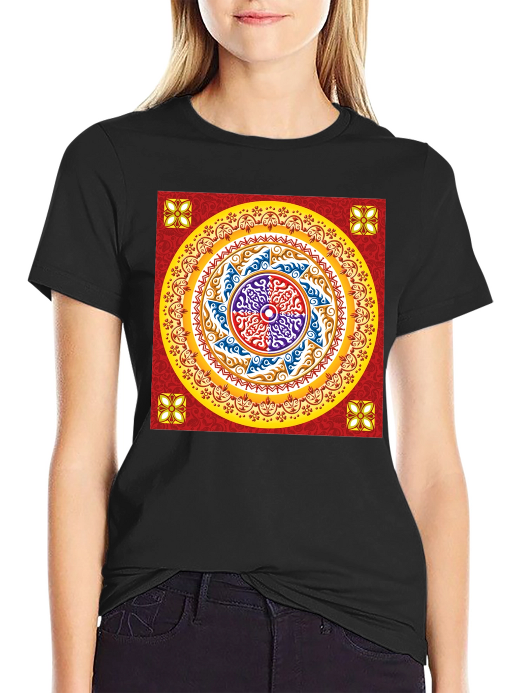 Red Mandala Graphic Black T-Shirt