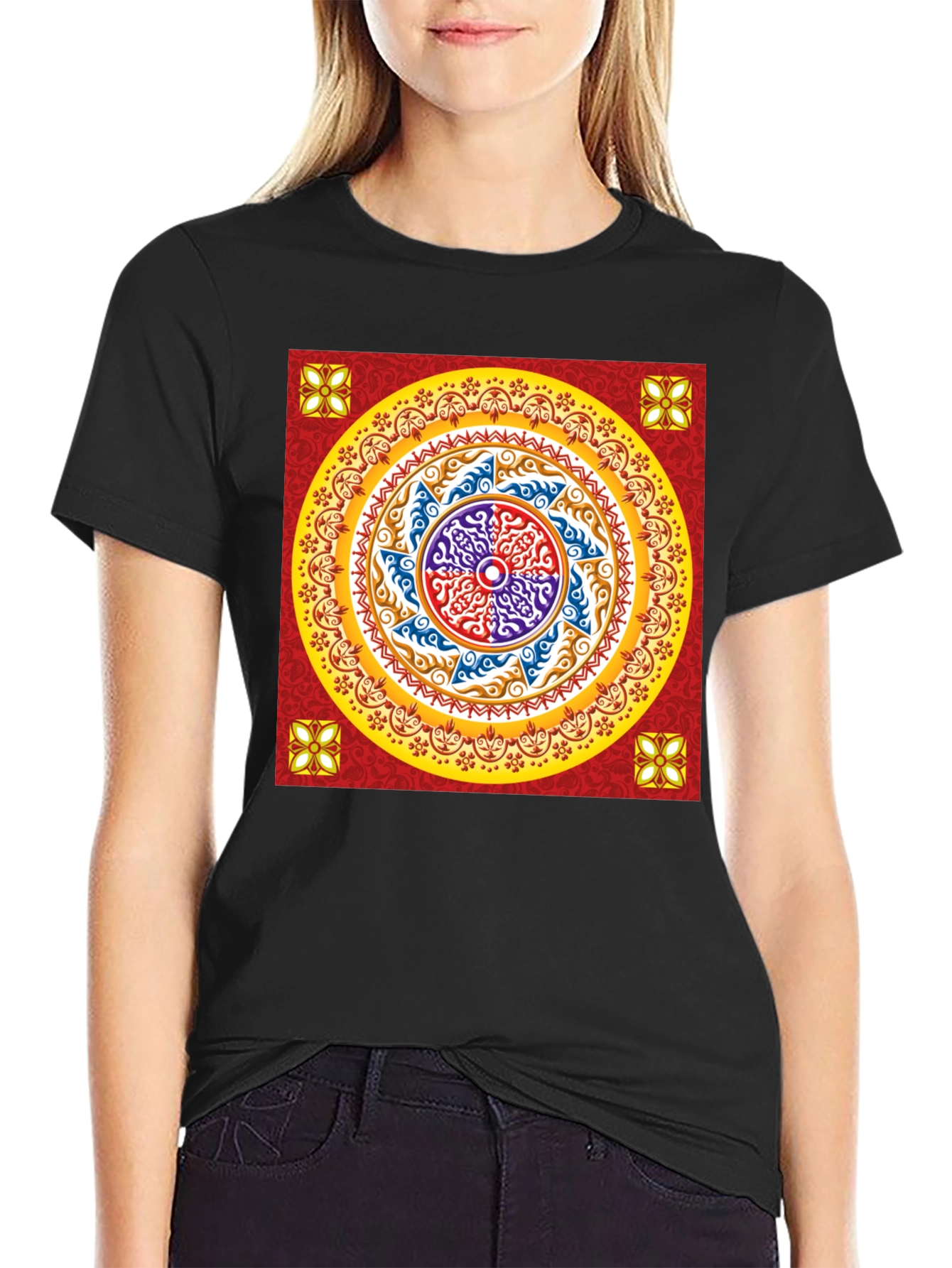 Red Mandala Graphic Black T-Shirt