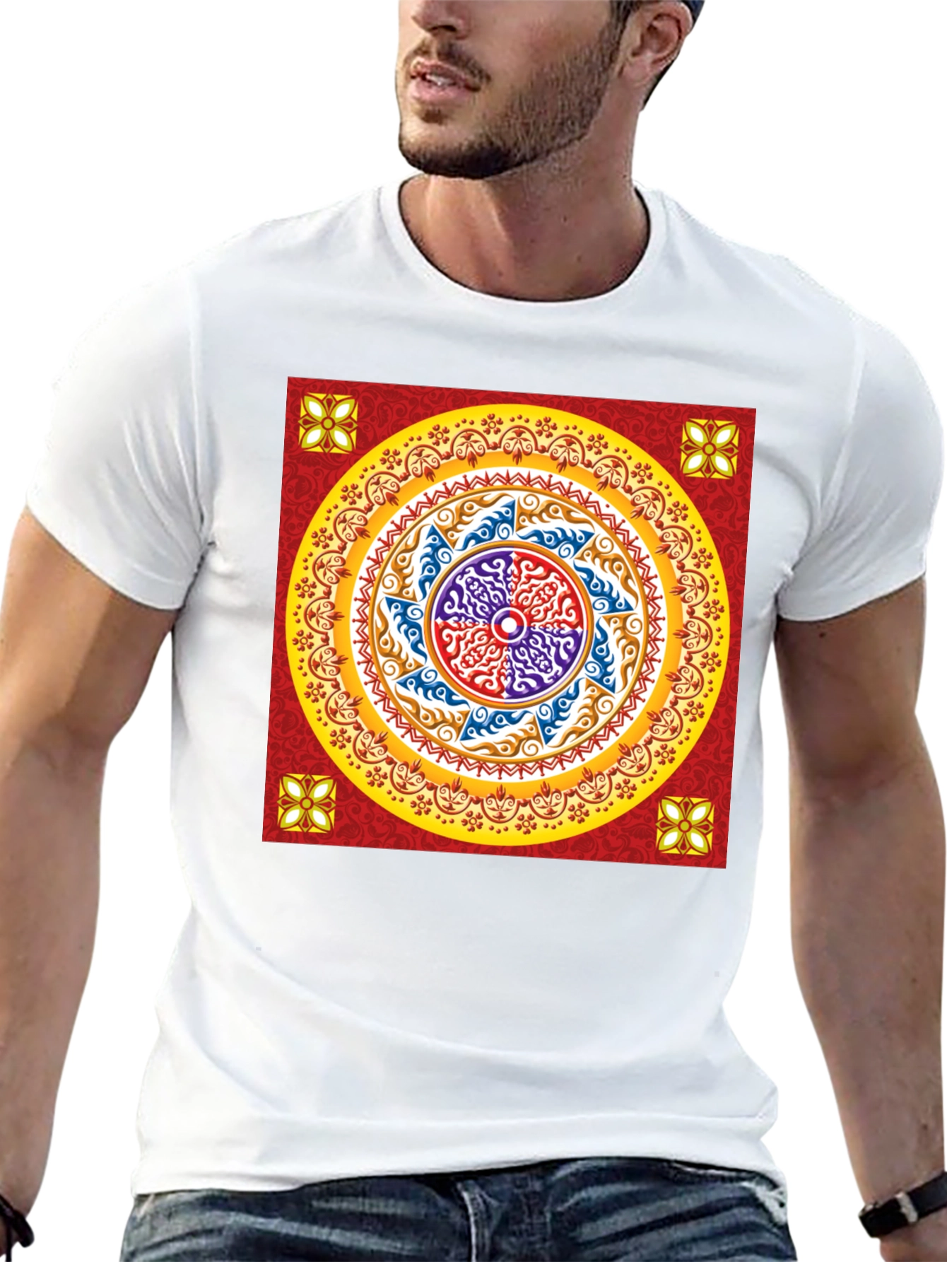 Red Mandala Graphic Black T-Shirt