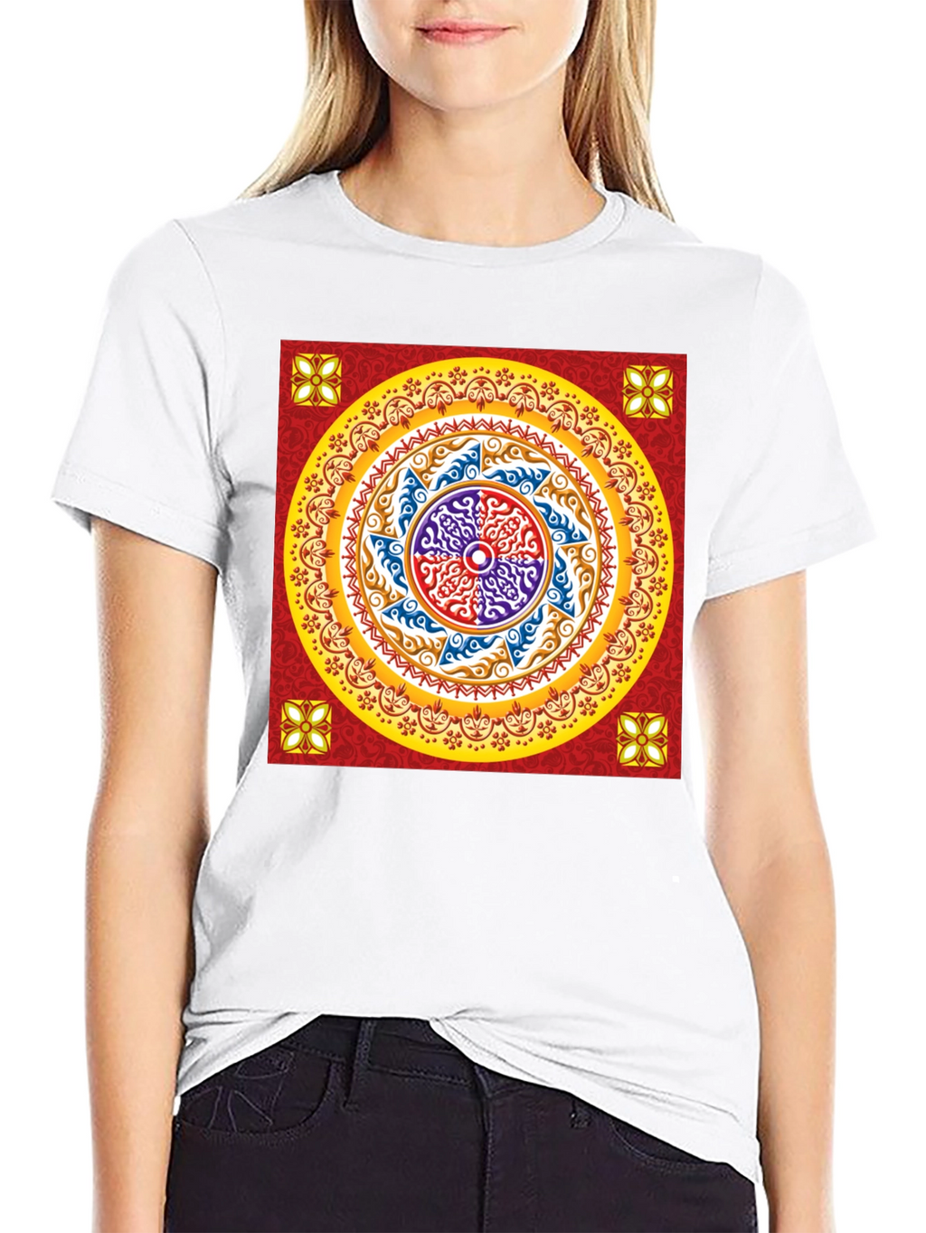 Red Mandala Graphic Black T-Shirt