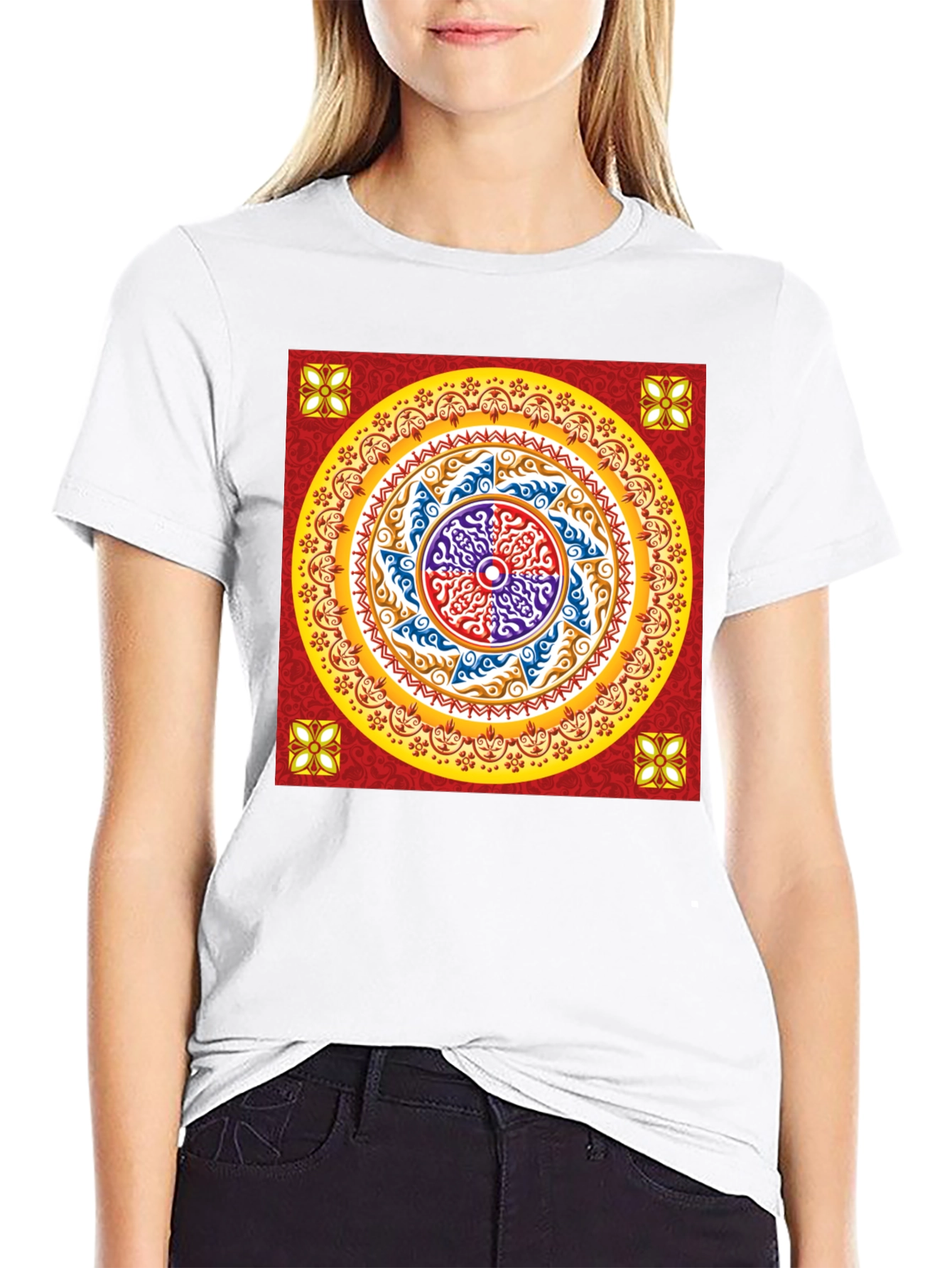 Red Mandala Graphic Black T-Shirt