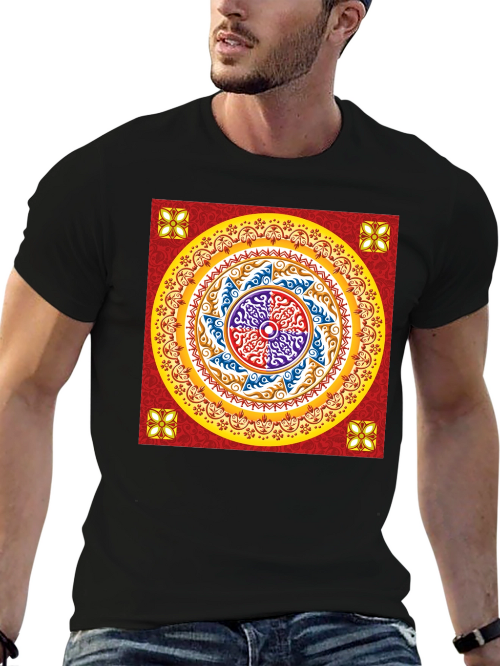 Red Mandala Graphic Black T-Shirt