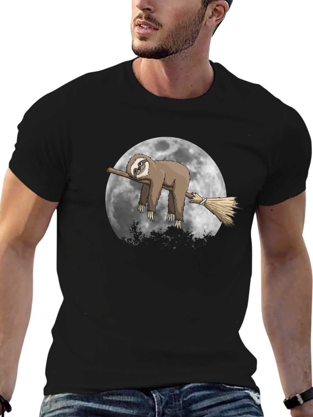 Sloth Moon Broom T-Shirt - Unique Graphic Tee