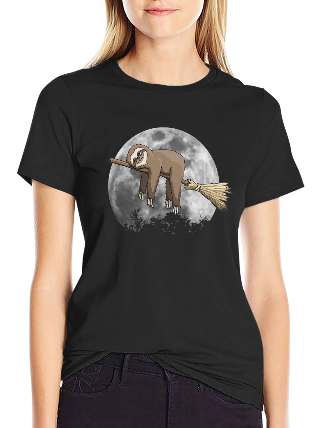 Sloth Moon Broom T-Shirt - Unique Graphic Tee