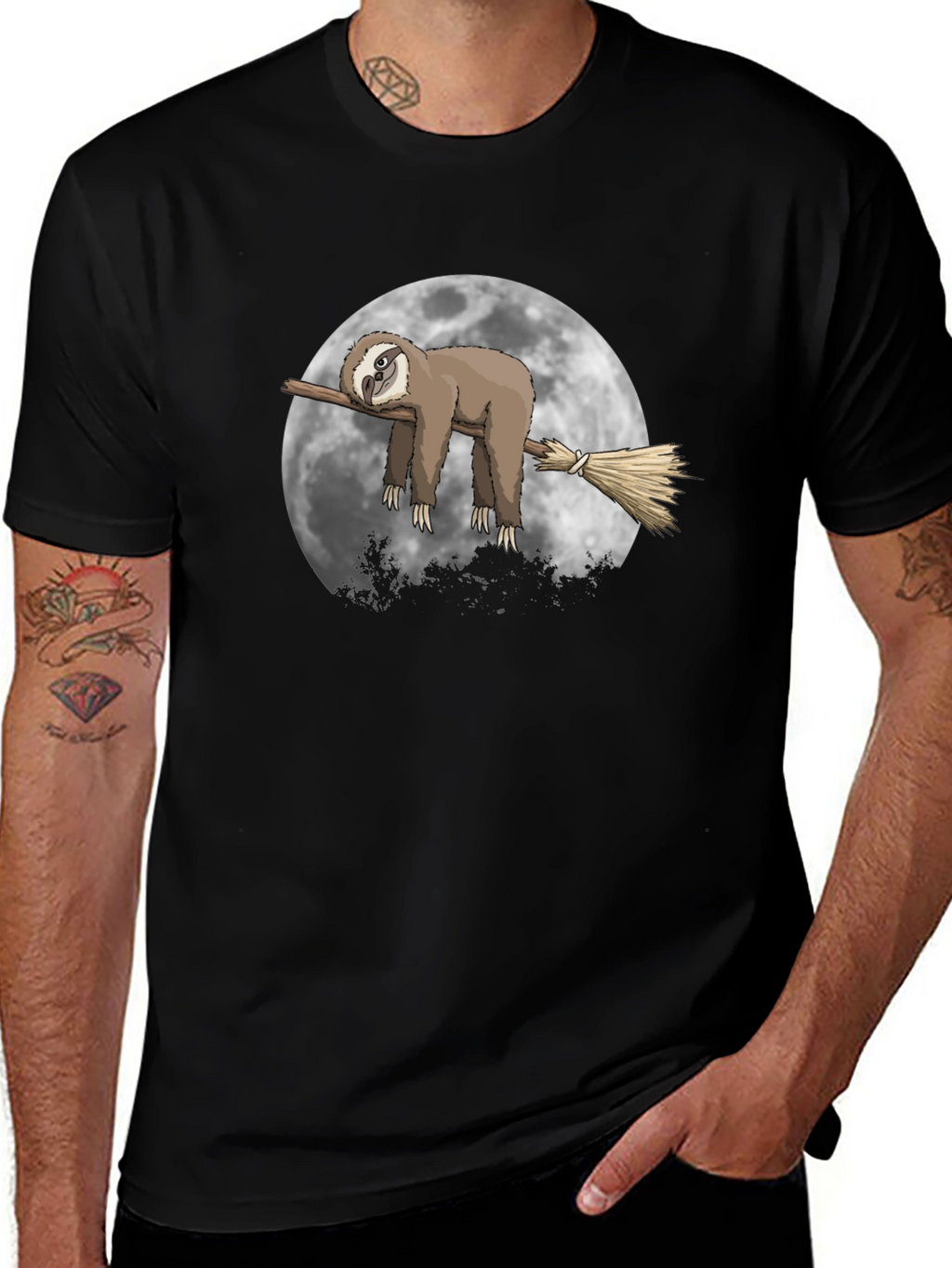 Sloth Moon Broom T-Shirt - Unique Graphic Tee