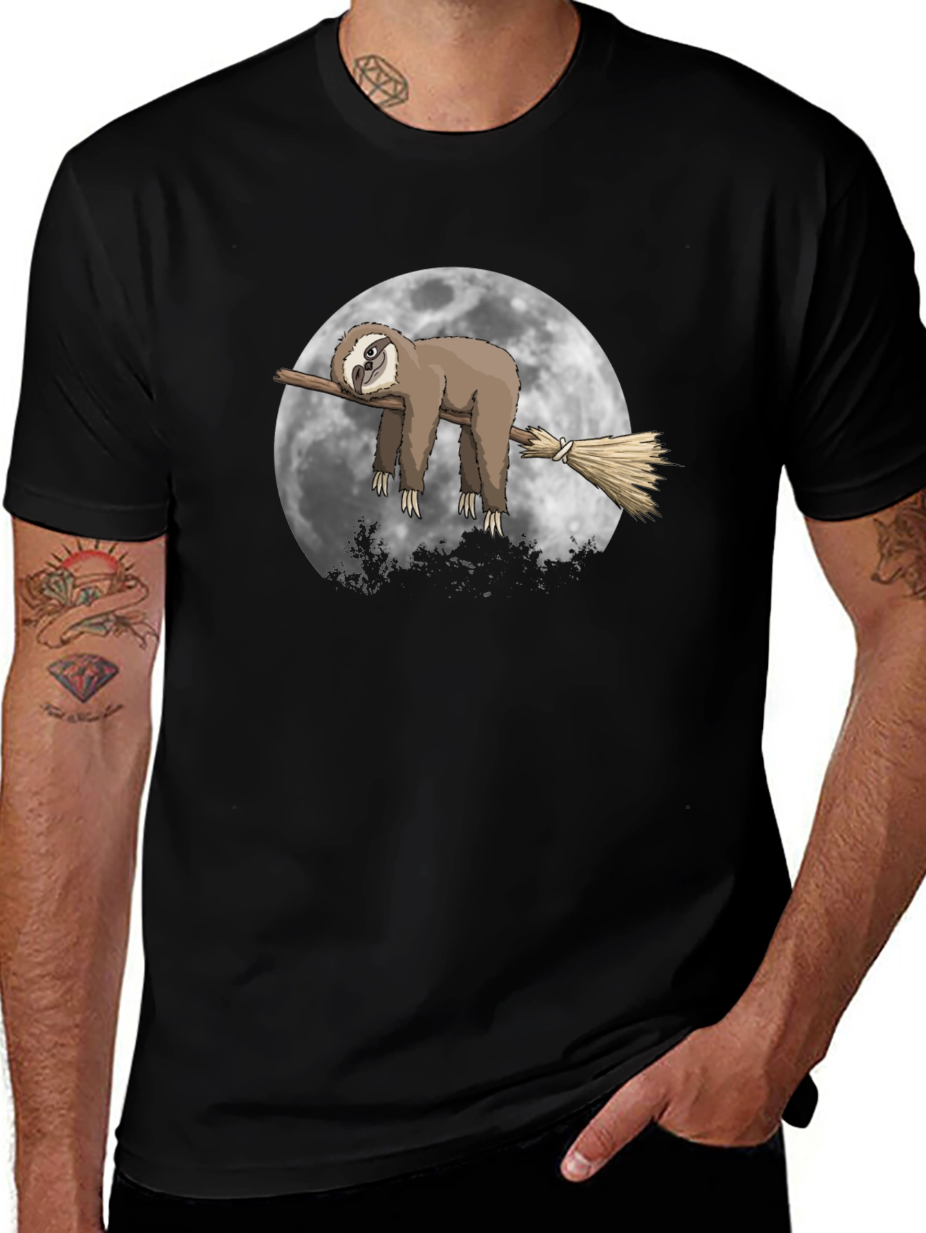 Sloth Moon Broom T-Shirt - Unique Graphic Tee