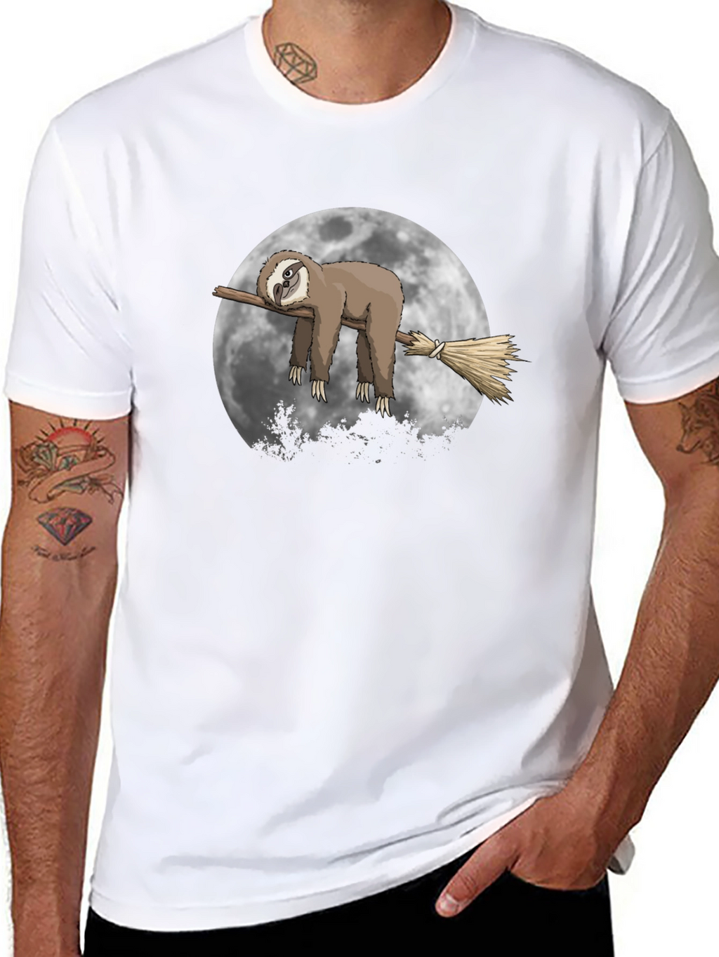 Sloth Moon Broom T-Shirt - Unique Graphic Tee