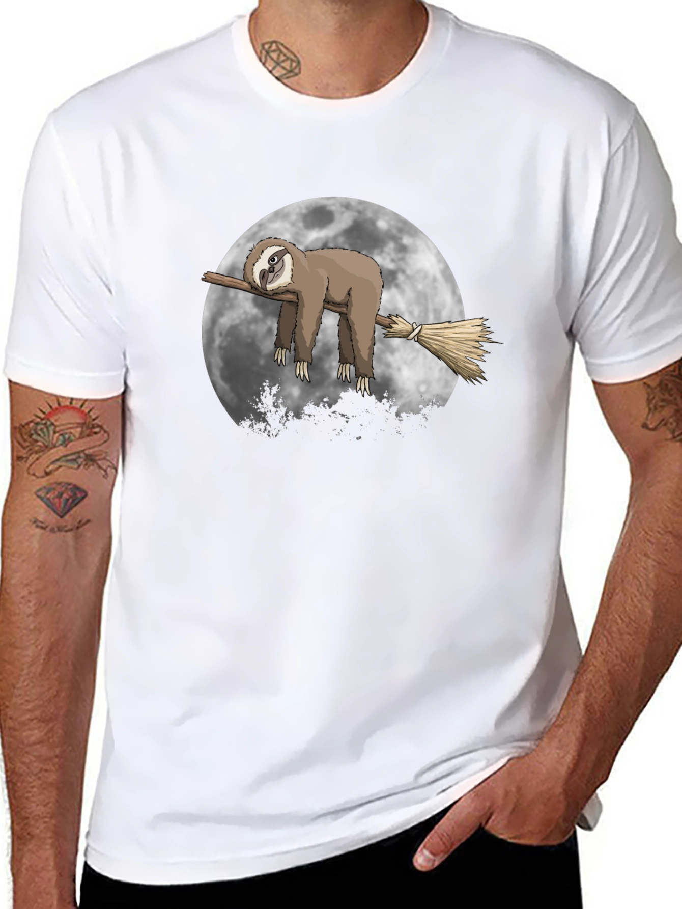 Sloth Moon Broom T-Shirt - Unique Graphic Tee