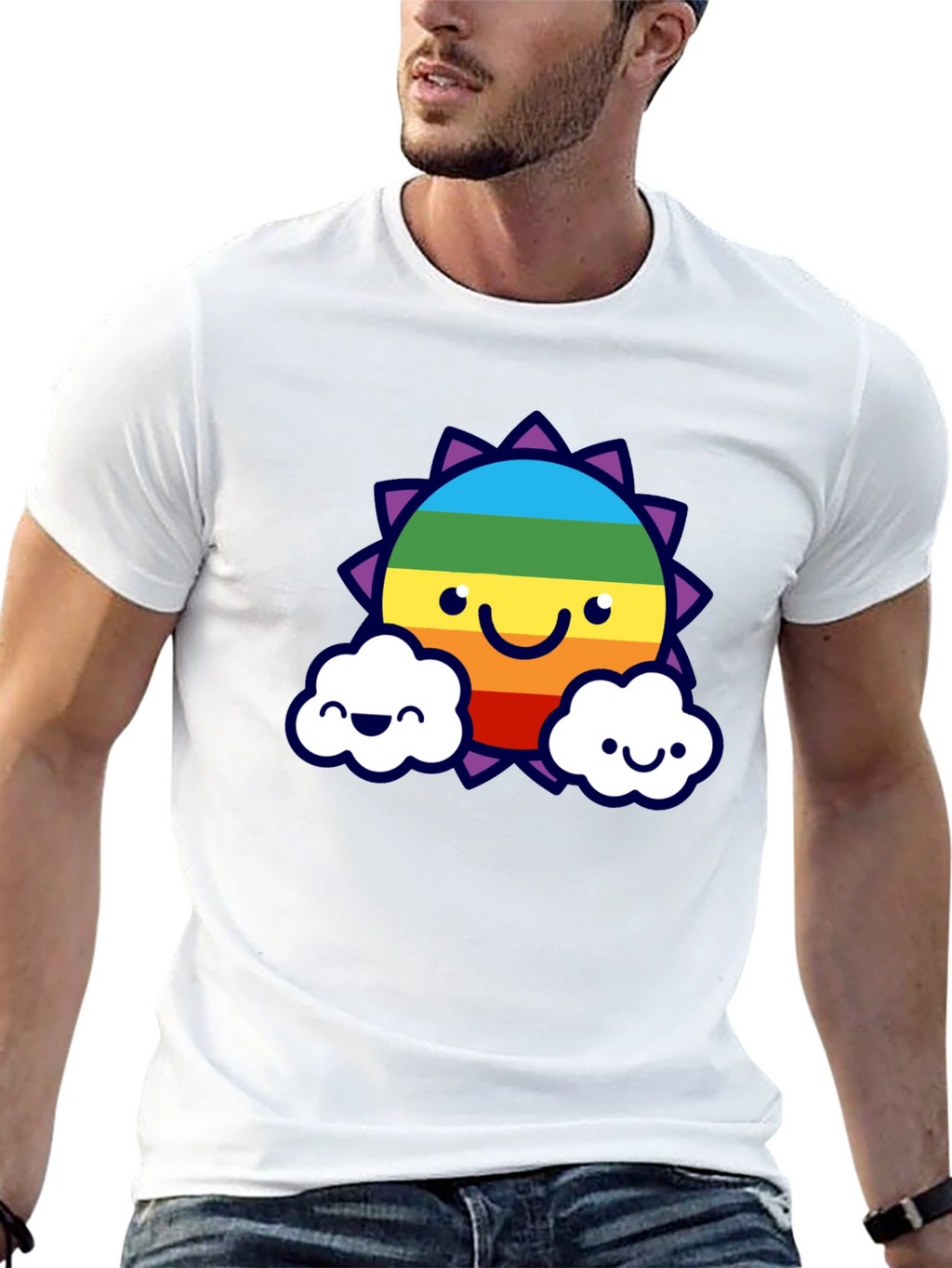 Rainbow Sun & Cloud Graphic T-Shirt - Black