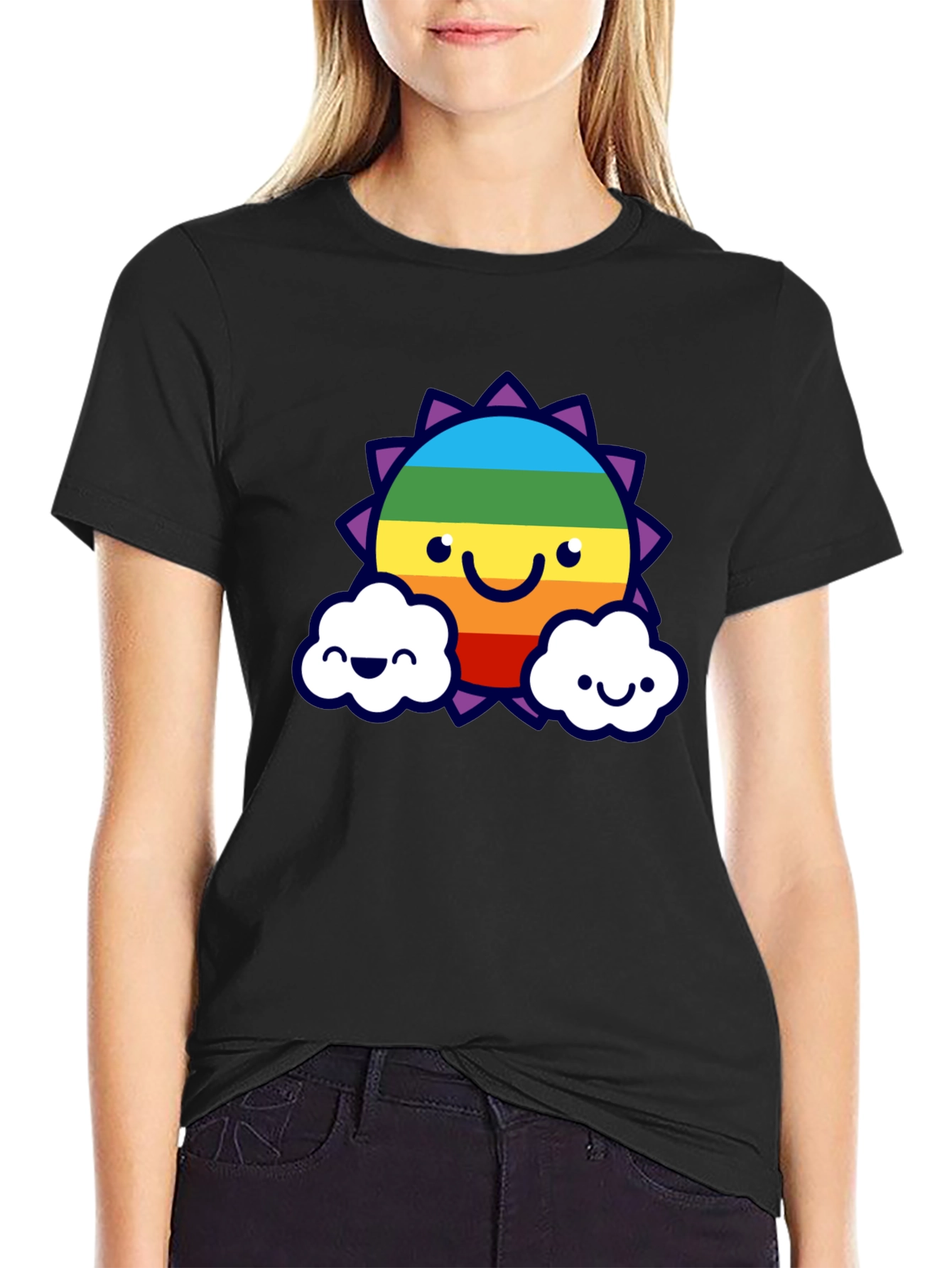 Rainbow Sun & Cloud Graphic T-Shirt - Black