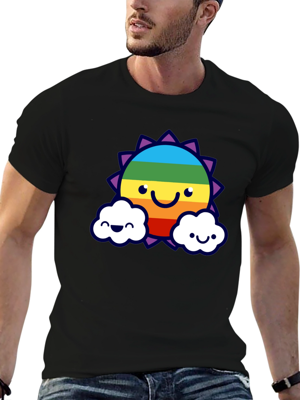 Rainbow Sun & Cloud Graphic T-Shirt - Black