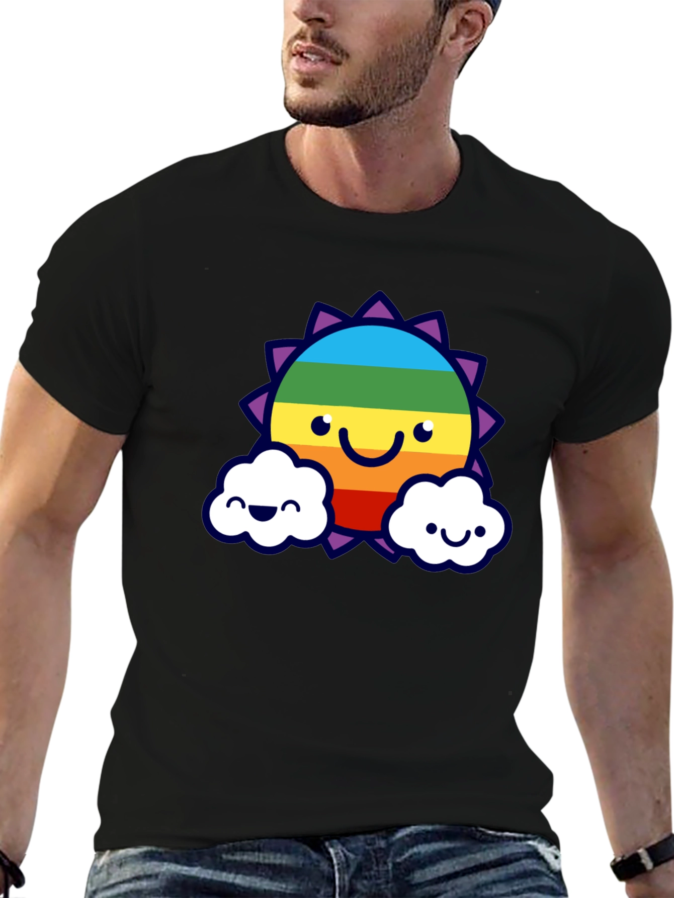 Rainbow Sun & Cloud Graphic T-Shirt - Black