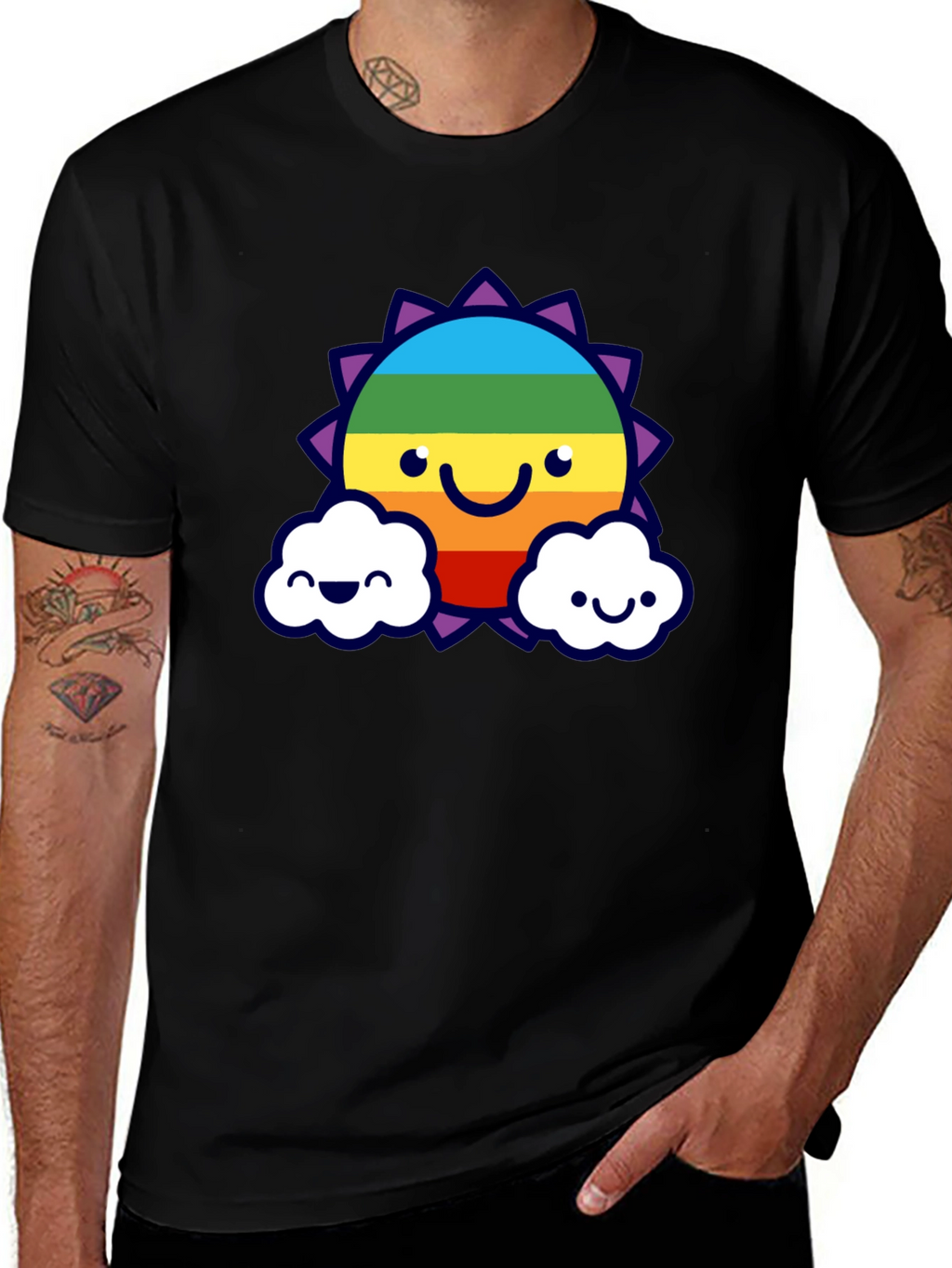 Rainbow Sun & Cloud Graphic T-Shirt - Black