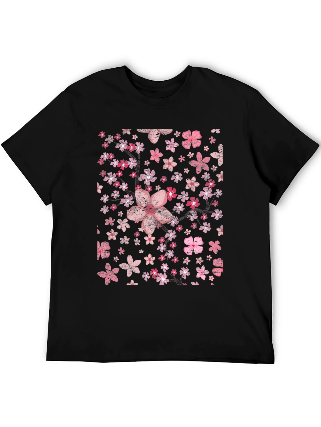 Floral Print Tee - Pink Cherry Blossom Design Black T-Shirt