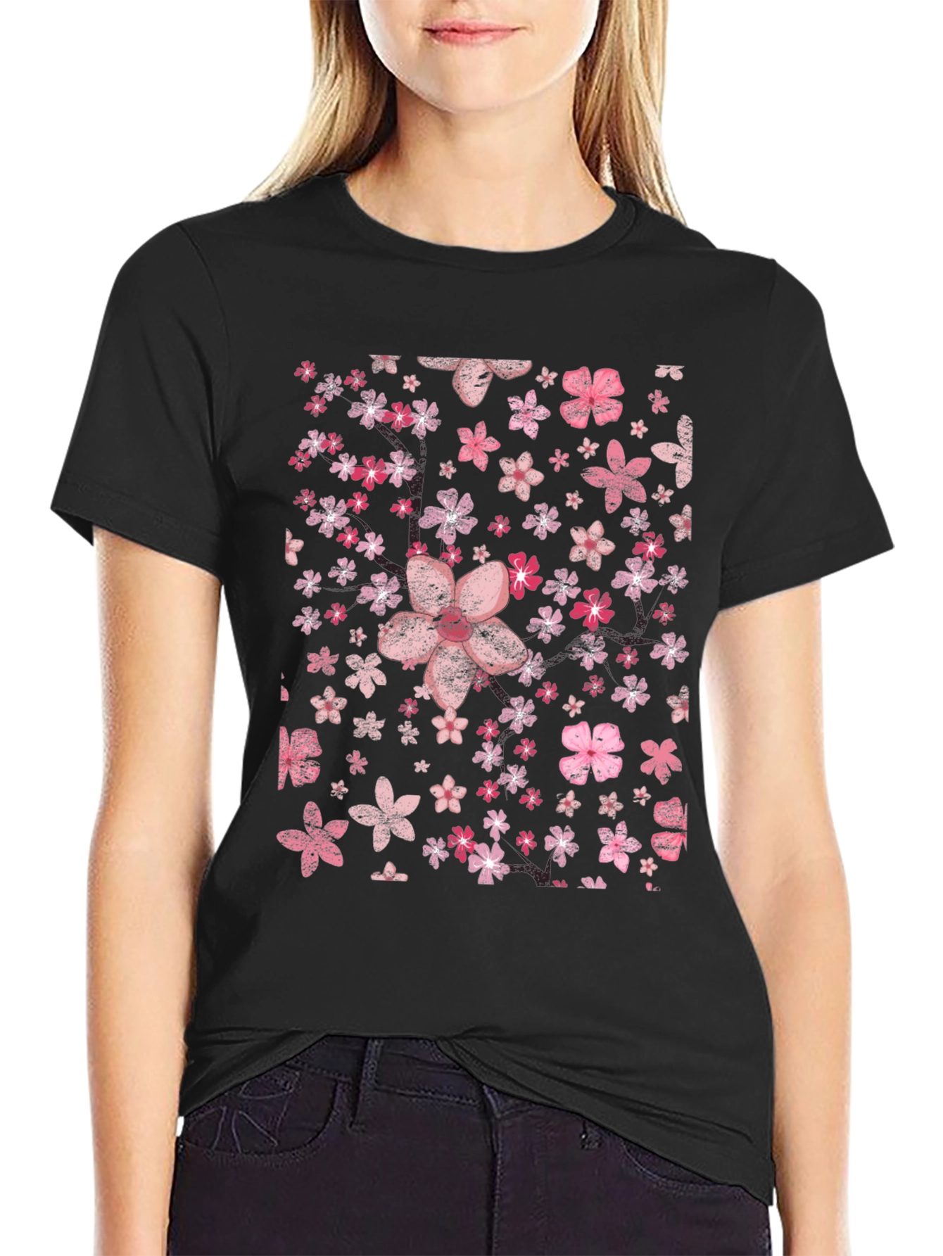 Floral Print Tee - Pink Cherry Blossom Design Black T-Shirt