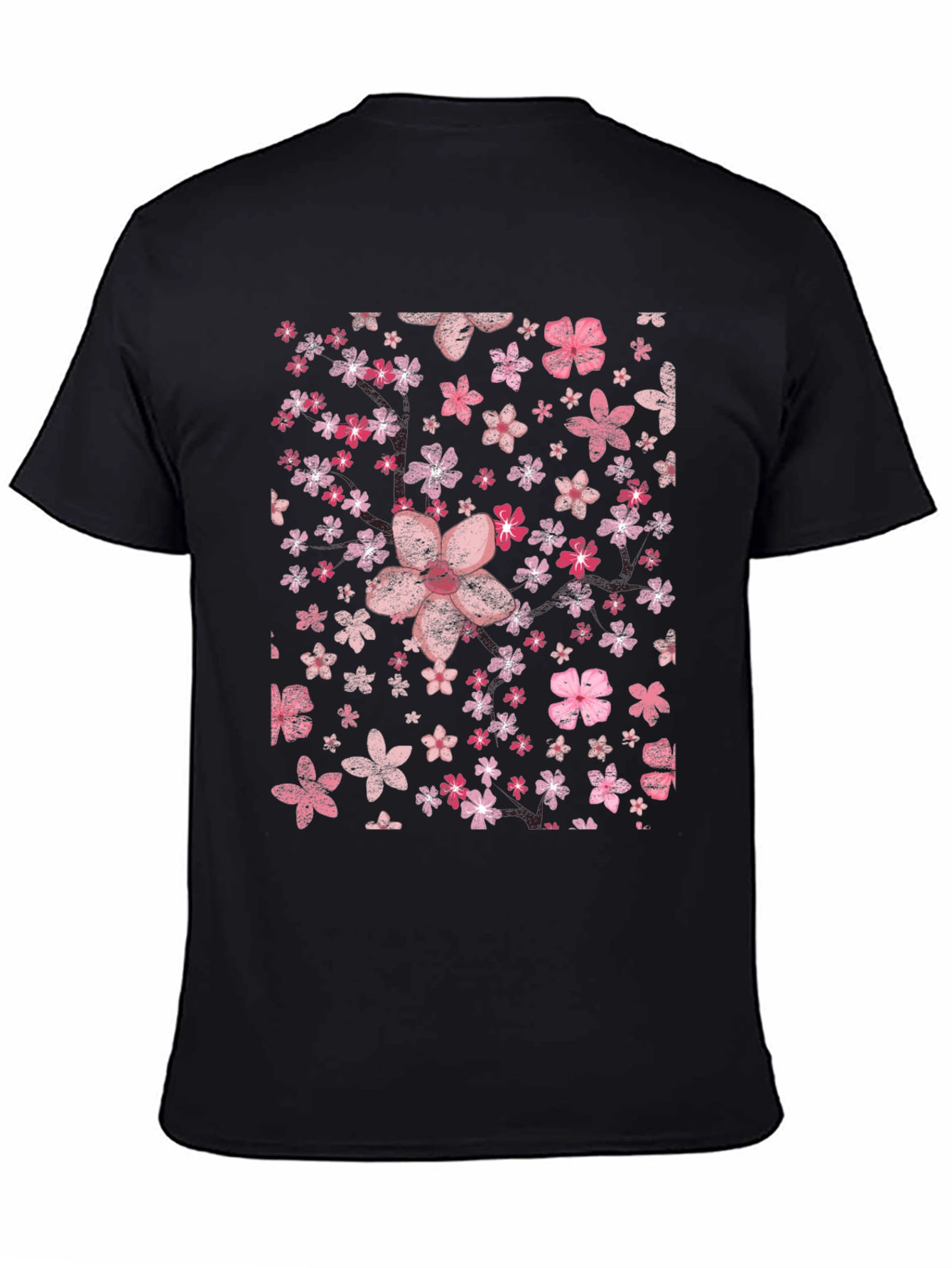 Floral Print Tee - Pink Cherry Blossom Design Black T-Shirt