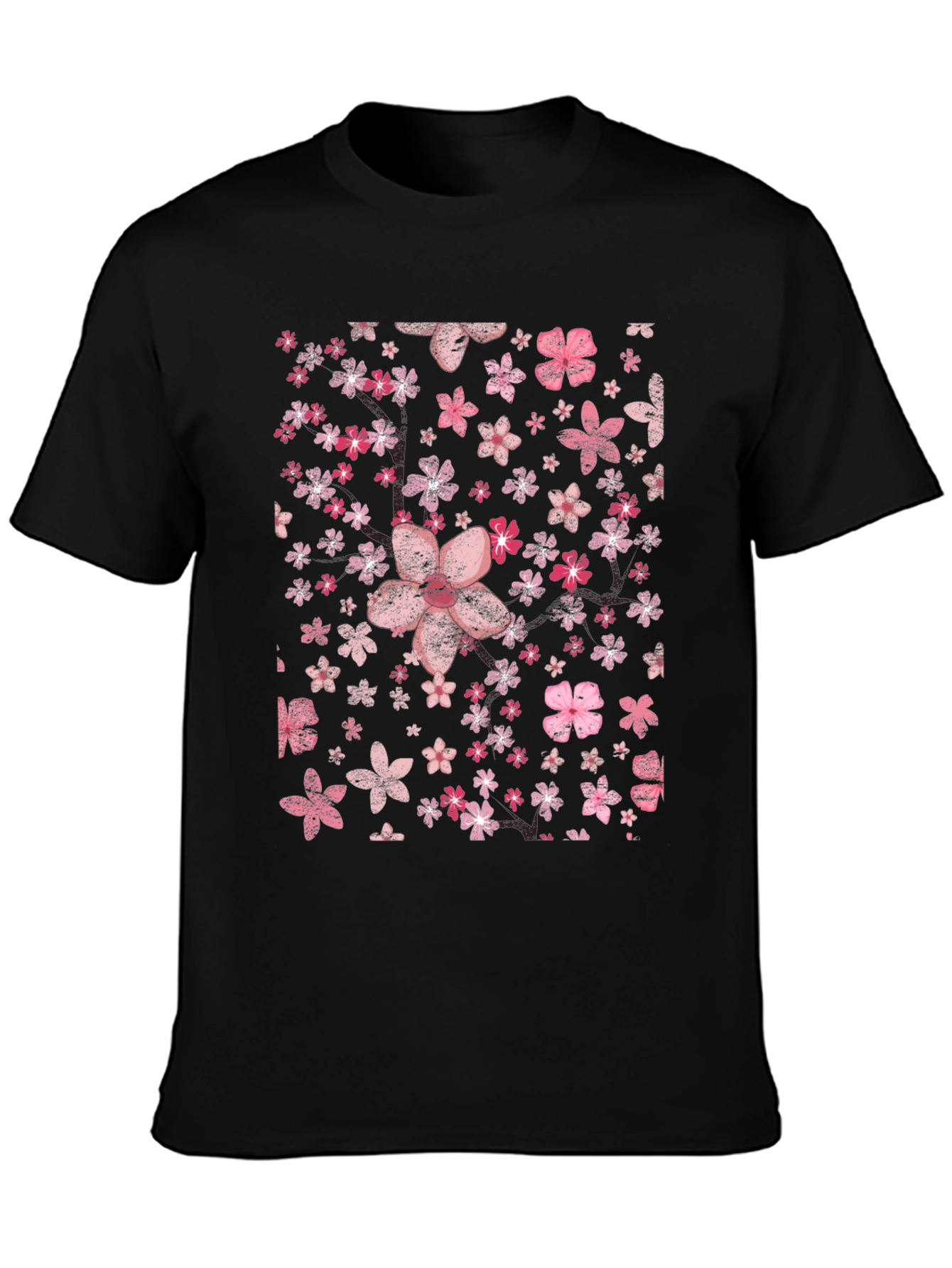 Floral Print Tee - Pink Cherry Blossom Design Black T-Shirt
