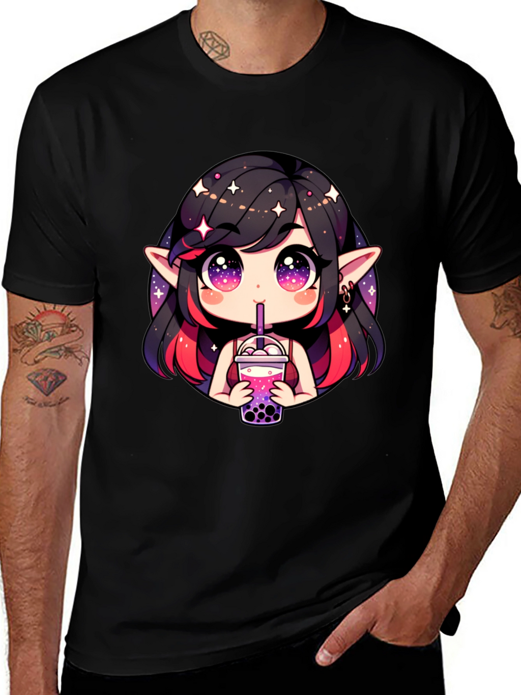 Anime Girl Bubble Tea Black T-Shirt