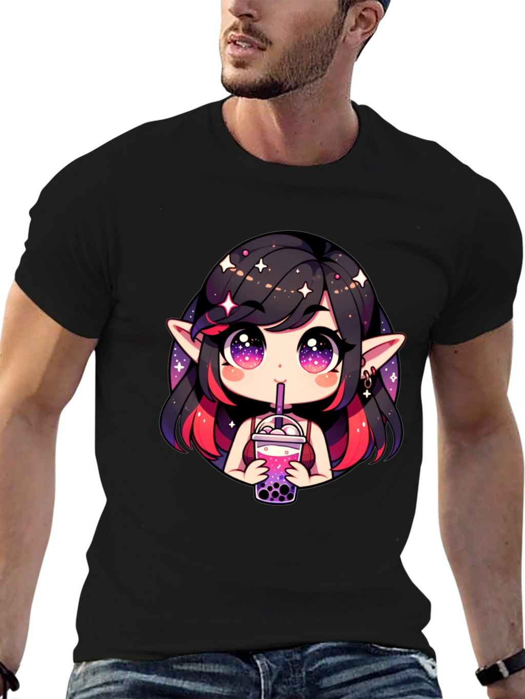 Anime Girl Bubble Tea Black T-Shirt