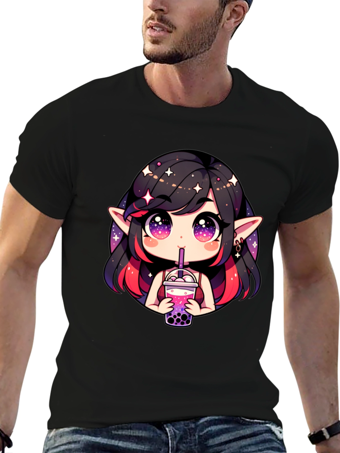 Anime Girl Bubble Tea Black T-Shirt