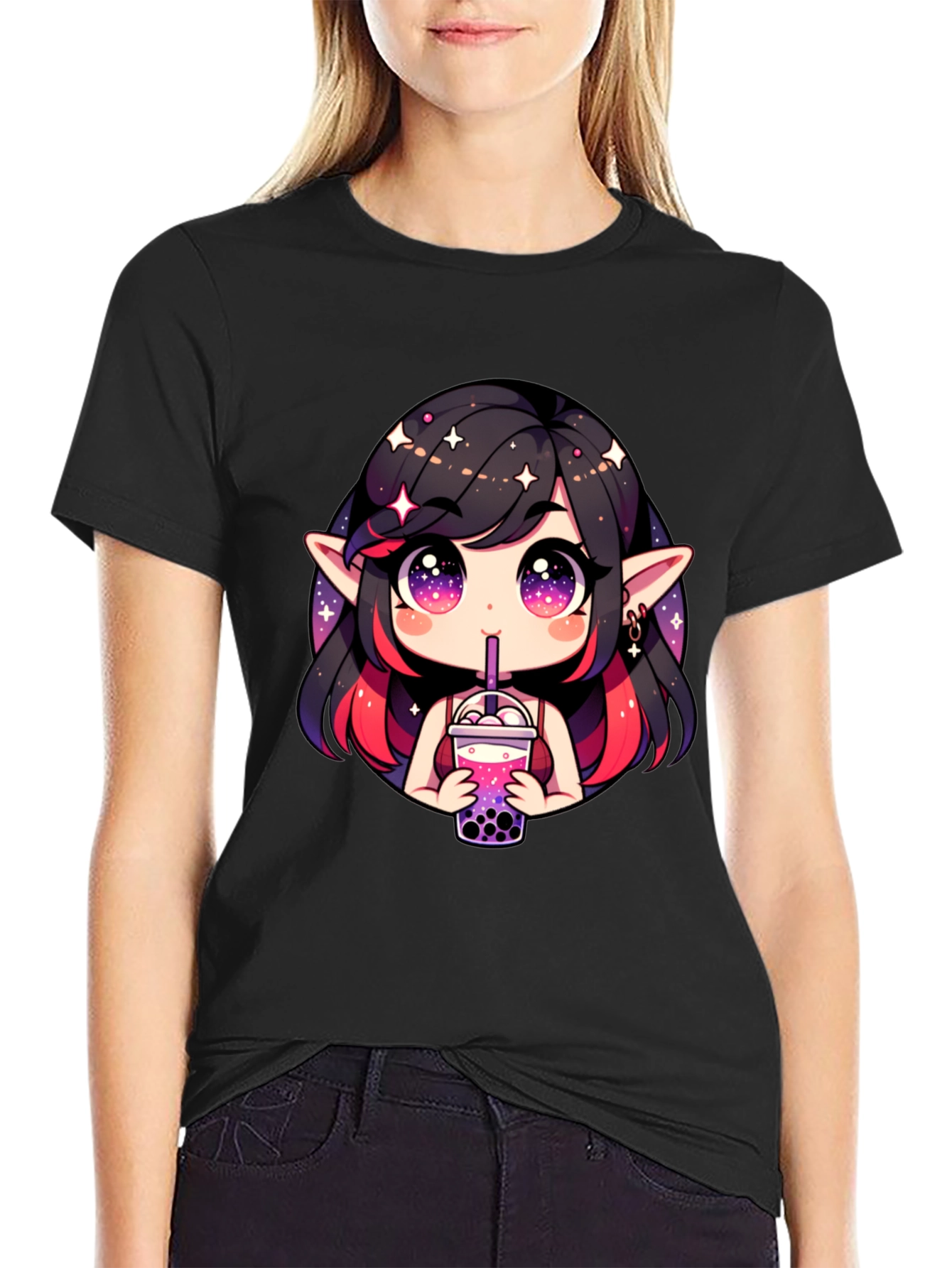 Anime Girl Bubble Tea Black T-Shirt
