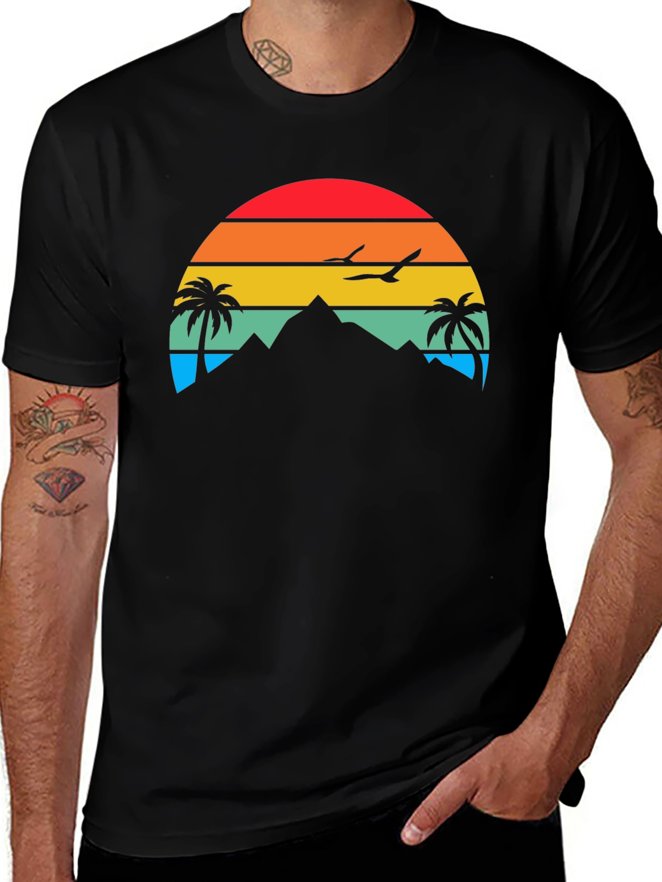 Sunset Mountain Palm Tree Graphic Tee - Relaxed Fit