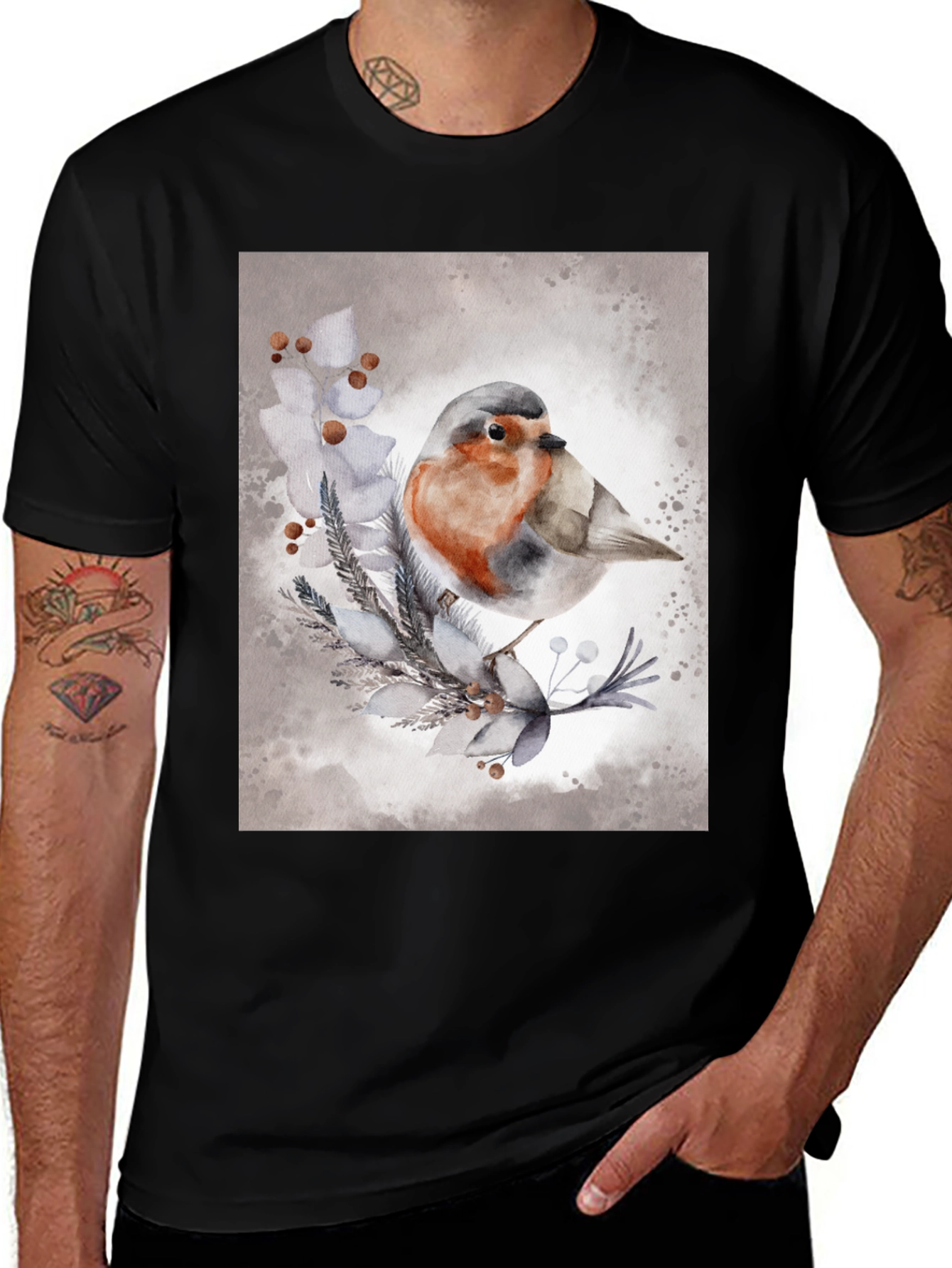 Robin Bird Watercolor Art T-Shirt