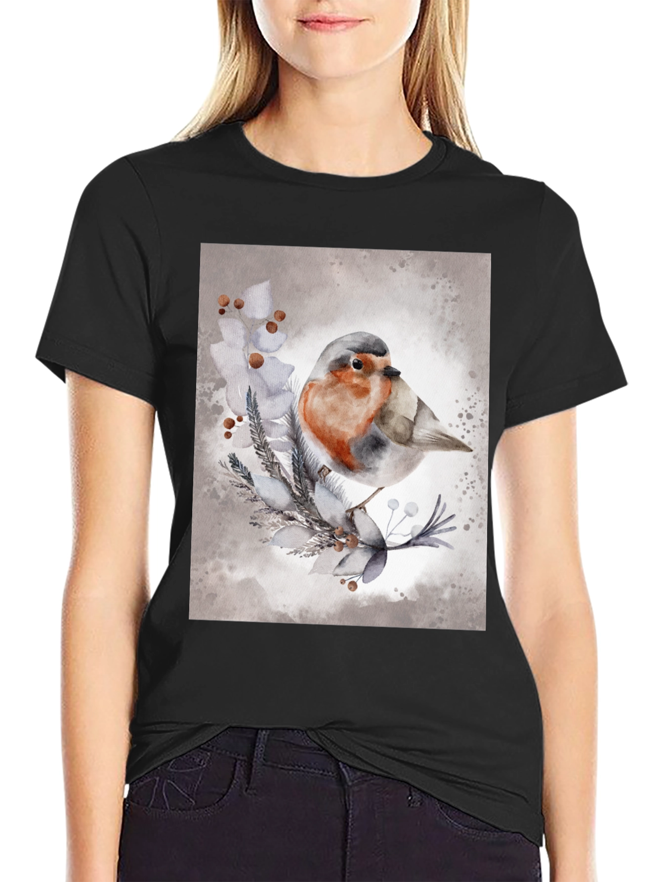 Robin Bird Watercolor Art T-Shirt