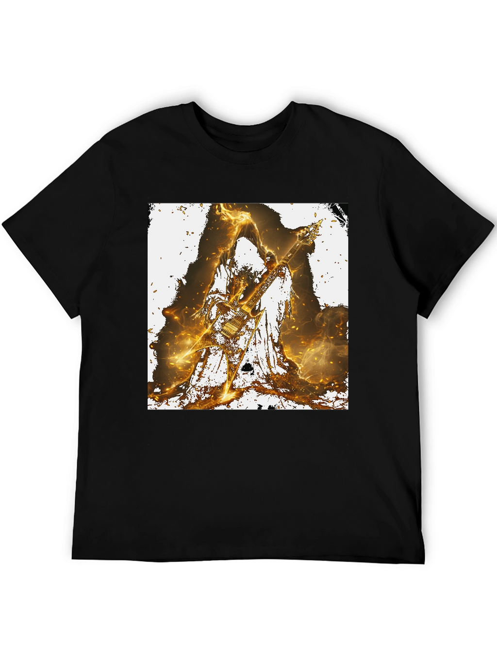 Fiery Guitarist Graphic Tee - Black Cotton T-Shirt
