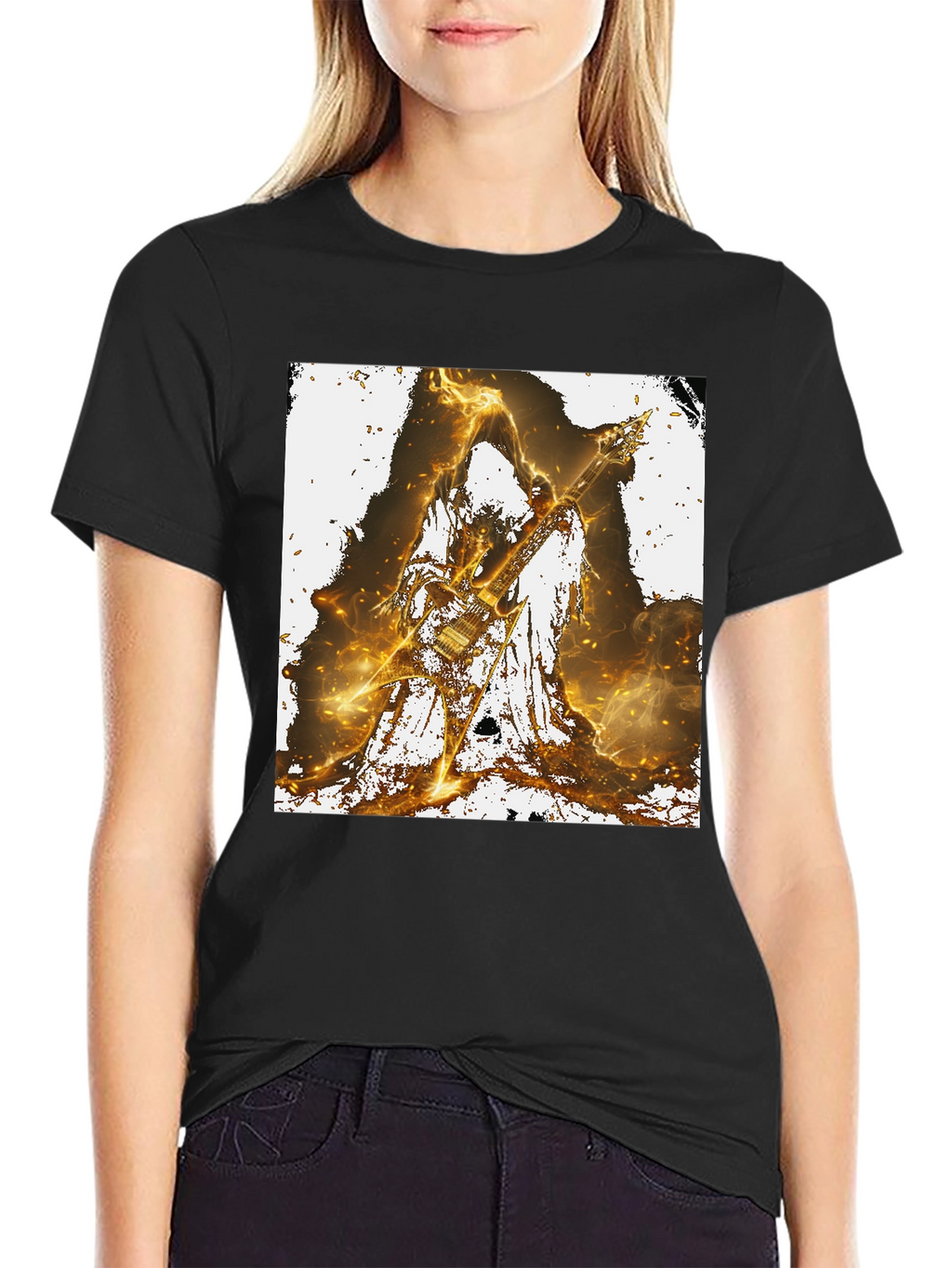 Fiery Guitarist Graphic Tee - Black Cotton T-Shirt