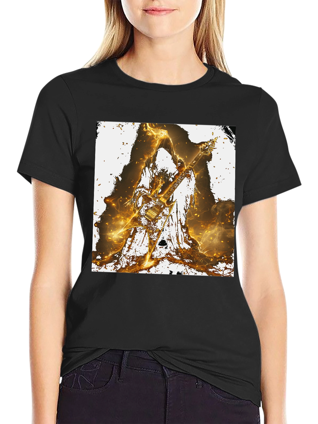Fiery Guitarist Graphic Tee - Black Cotton T-Shirt