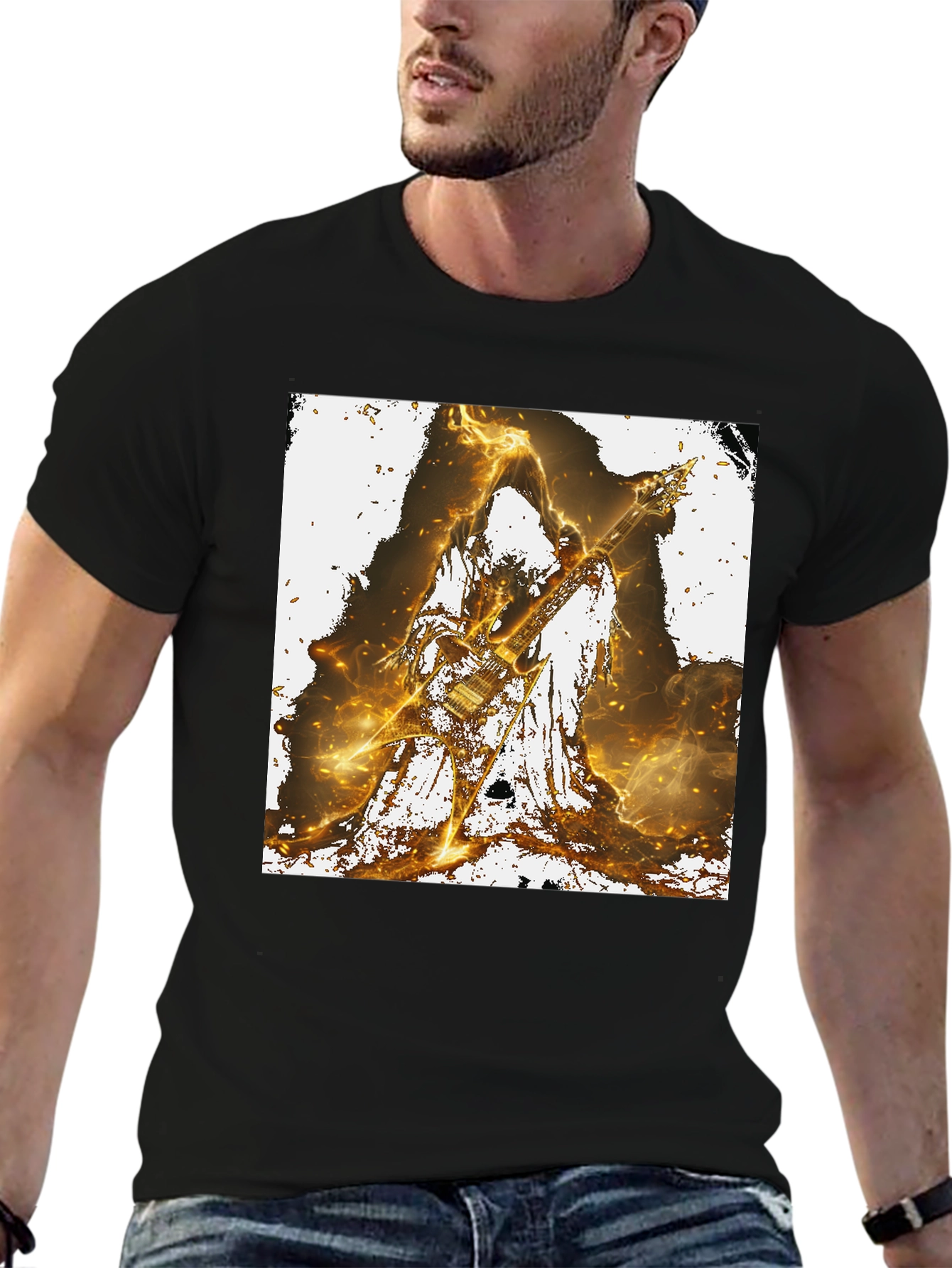 Fiery Guitarist Graphic Tee - Black Cotton T-Shirt