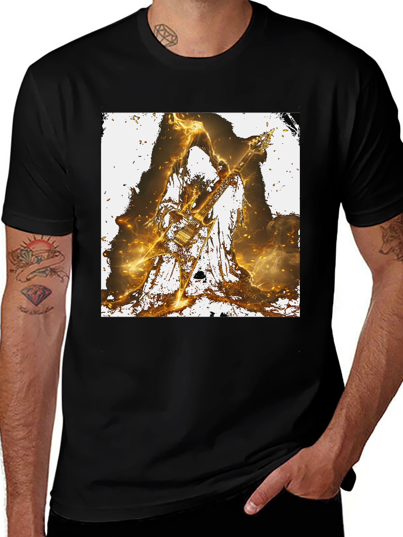 Fiery Guitarist Graphic Tee - Black Cotton T-Shirt