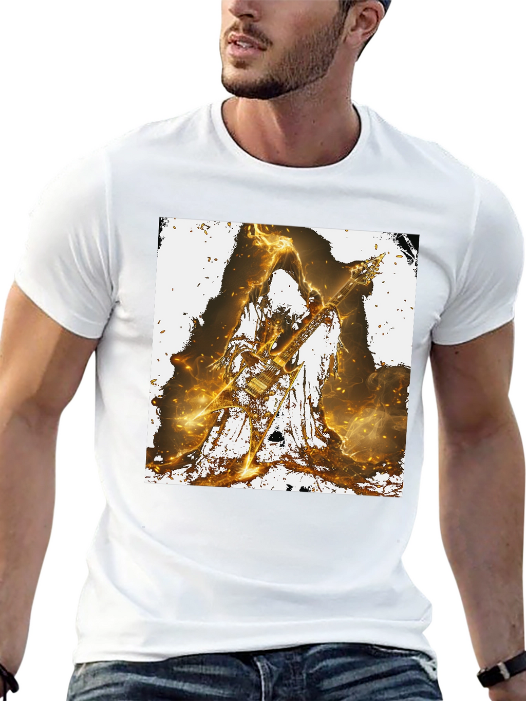 Fiery Guitarist Graphic Tee - Black Cotton T-Shirt