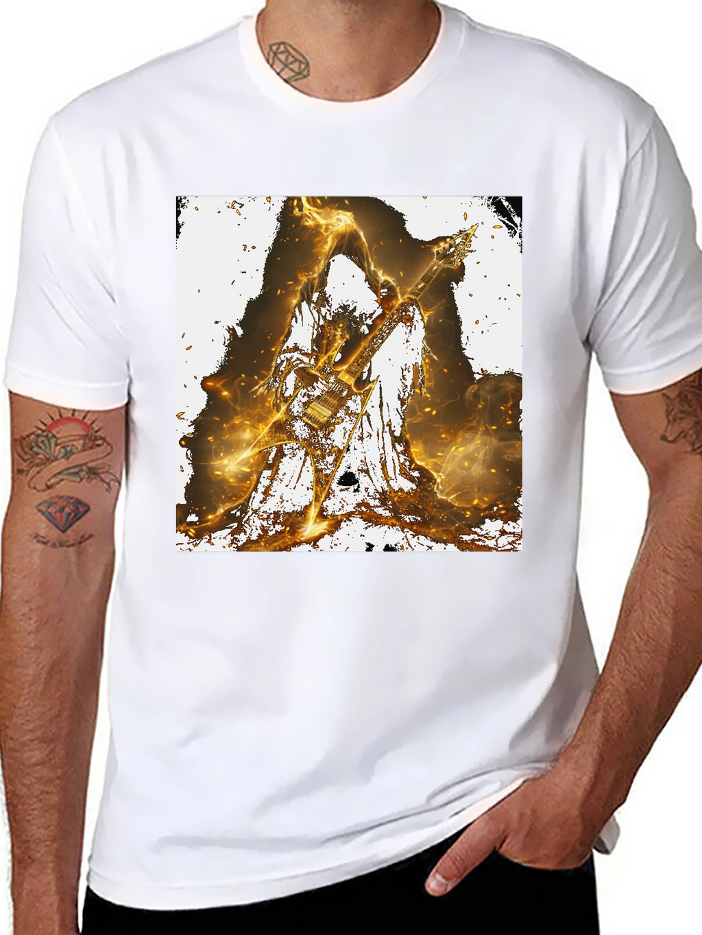 Fiery Guitarist Graphic Tee - Black Cotton T-Shirt